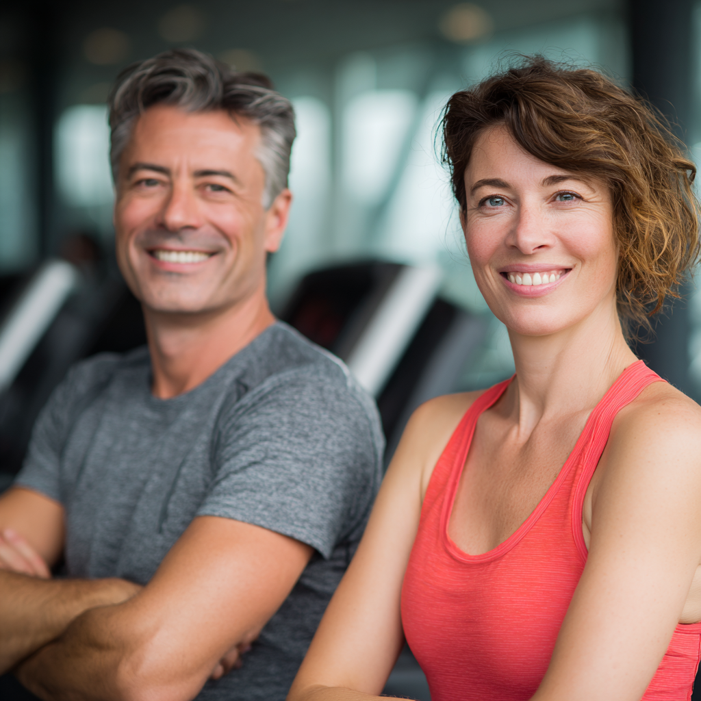 Mosolygós magyar felnőttek különböző korosztályokból modern edzőteremben intelligens edzőberendezésekkel dolgoznak, professzionális világításban